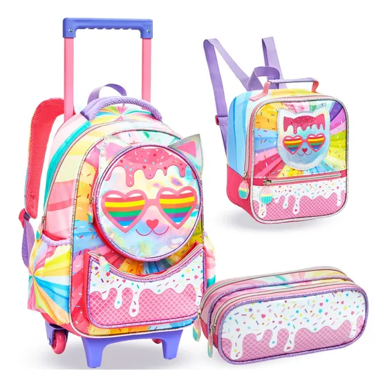 Mochila Escolar Denlex Cor Rosa Design Gatinho Sorvete 20l