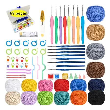 Kit Crochê Completo 16 Agulhas Ergonômicas E Acessórios 68 Peças Com 16 Novelos