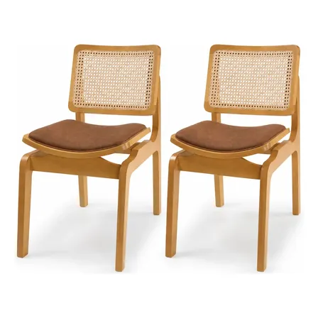 Kit 2 Cadeira Para Sala De Jantar Madeira Maciça Rattan Couro Sintético Amêndoa Caramelo