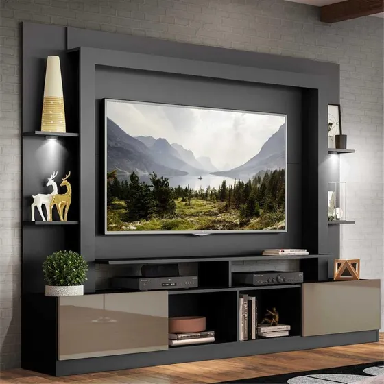 Estante C/ Suporte Tv 65 E Leds Berlim Multimóveis Pt/lc Fum Cor Preto/Lacca Fumê