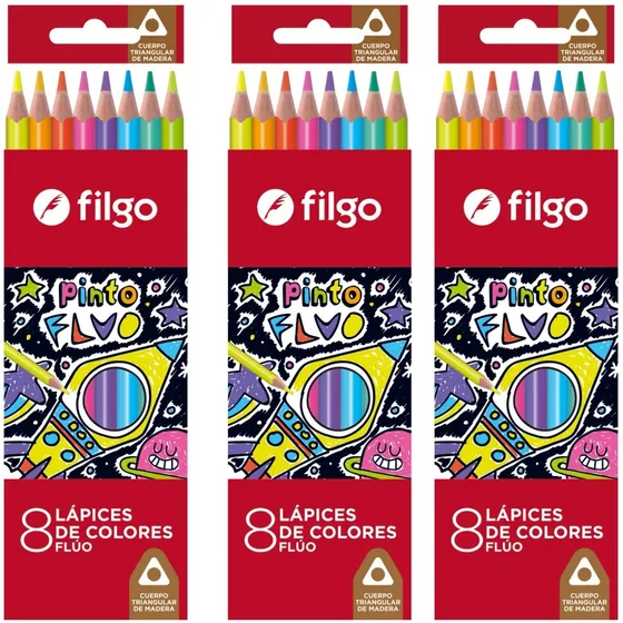 3 Caja 8 Lápices Colores Fluo Filgo Pinto Largos Resina