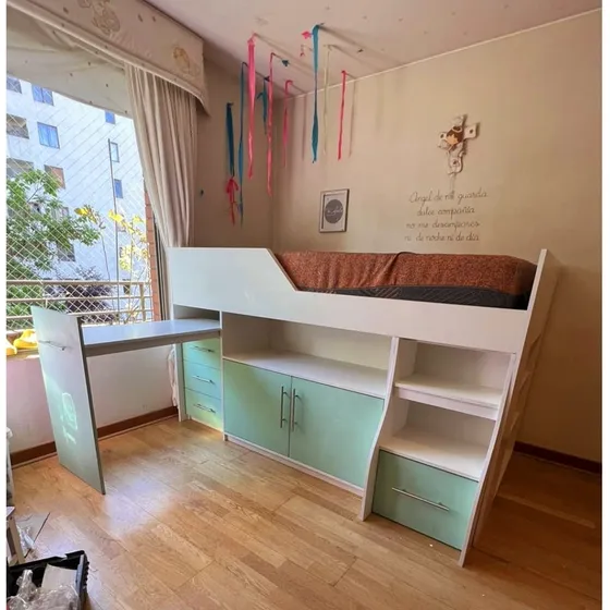 Cama Multifuncional Con Escritorio - Cajonera Y Repisa Blanco Turquesa Lisa