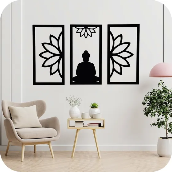 Cuadro Calado Buda Flores Triptico Set X3 Mdf Listo P Colgar