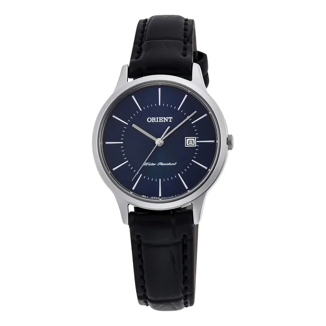 Reloj Orient Mujer Cuero Negro Azul Fecha Clasico Rf-qa0005l Color Del Bisel Plateado