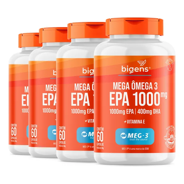 Kit 4x Mega Omega 3 Epa 1000mg, Cert. Meg-3 ® 60cps, Bigens