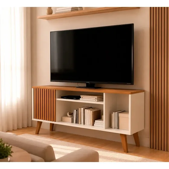 Rack Para Tv Ripado 3D Com Nichos Até 55 Polegadas Amadeirado Mdp Moderno Elegante + Prateleira de Brinde