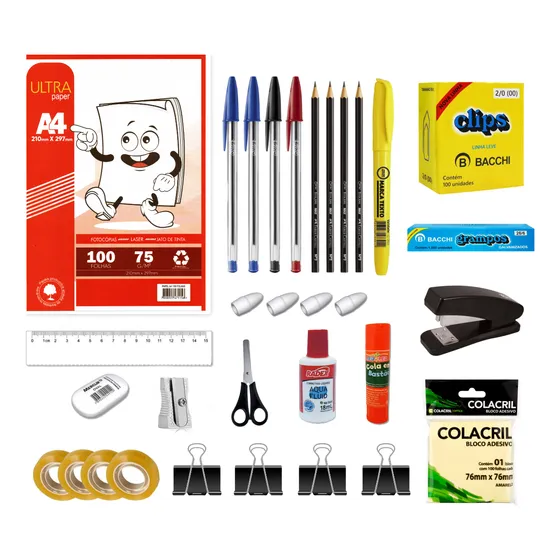Kit Material Escolar E Escritório Com 32 Itens Com Sulfite