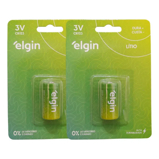 2 Pilhas Bateria Cilíndrica Cr123 3v Elgin 2 Blister C/ 1 Un