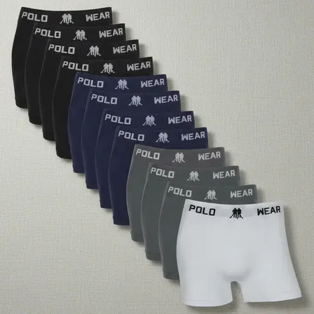 Kit 12 Cuecas Boxer Polo Wear Masculino Microfibra Sortida Branco, Cinza, Preto E Azul Marinho Liso P