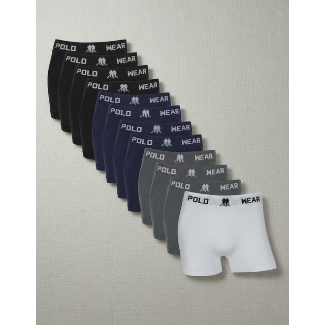 Kit 12 Cuecas Masculinas Boxer Polo Wear Branco, Cinza, Preto E Azul Marinho Liso M
