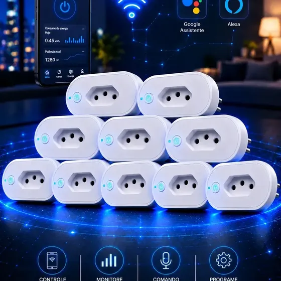 Kit 10 Tomada Inteligente Wi-Fi 16A Bivolt Qonex Automação Smart Plug Interruptor com Monitor de Consumo Compatível Alexa e Google Home