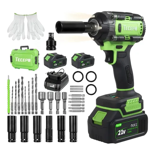 Chave De Impacto 600n.m Sem Escova Tecepo Com 2 Baterias 4ah Verde