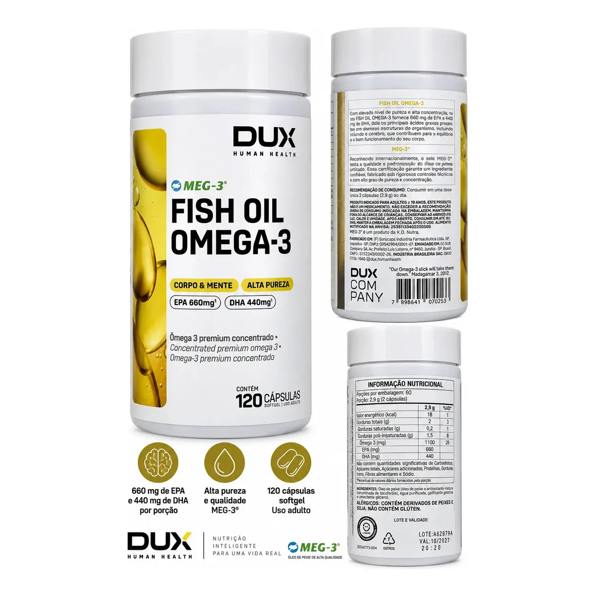 Ômega 3 Dux Nutrition Fish Oil Sem Sabor 120 Cápsulas EPA DHA Alta Concentração