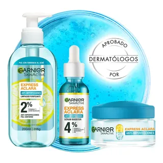 Kit Antiacne Express Aclara Gel Limpiador Mas Sérum Mas Crema Matificante Garnier
