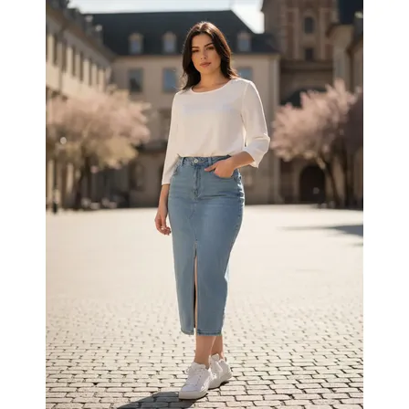 Saia Jeans Feminina Longa Midi Evangélica Cintura Alta