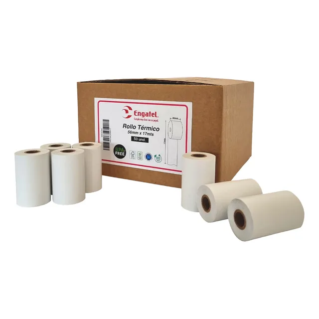 50 Rollos Papel Térmico Engatel 56x17 M 44grs Máquina 57x40 Color Blanco