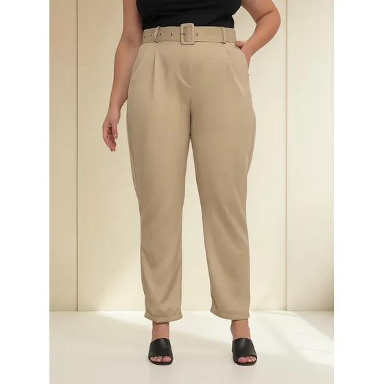 Calça Plus Size Alfaiataria Social Com Cinto Forrado Moda
