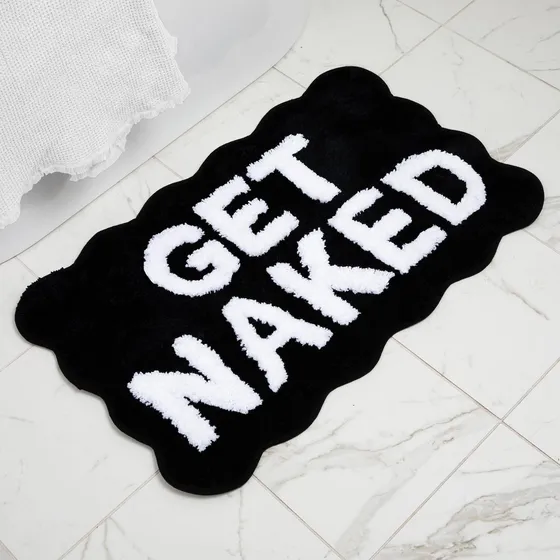 Alfombra Baño Get Naked Negro Blanco Borde Festoneado Unico