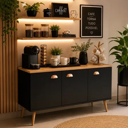 Buffet Aparador Cantinho Do Café Industrial Para Sala Freijó Preto