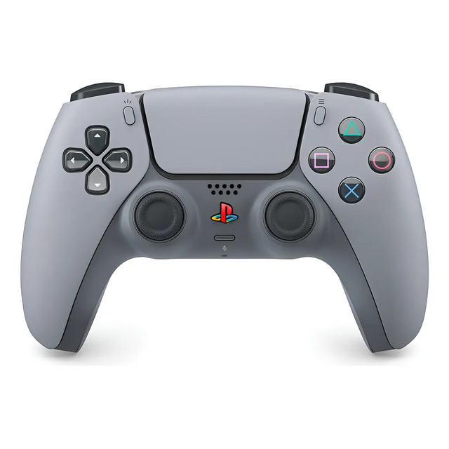 Controle DualSense Edição Limitada de 30 anos na cor cinza com logo colorido do PlayStation