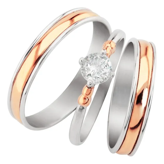 Alianzas 3.5mm Plata Y Oro Rose Con Cintillo Compromiso Boda