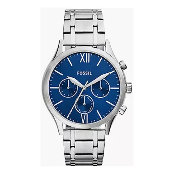 Reloj Fossil Caballero Plata Azul Bq2808 Correa Plateado Bisel Plateado