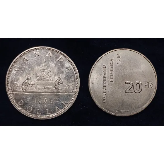 Monedas Canada 1 Dol 1965 Y Suiza 20 Fr 1991 X 2 Uni. Plata