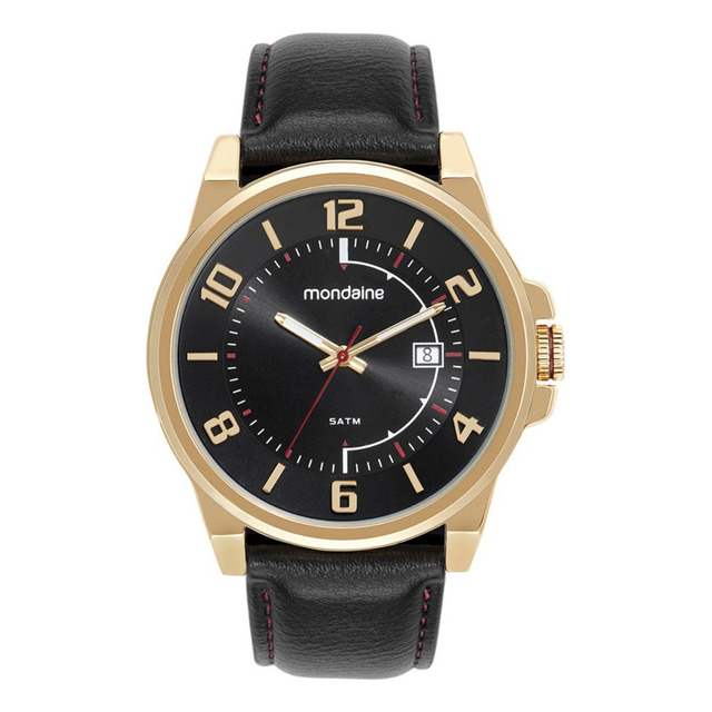 Relógio Masculino Mondaine Couro Preto Social Com Calendário Dourado Relógio Masculino Mondaine Couro Preto Social Com Calendário Dourado