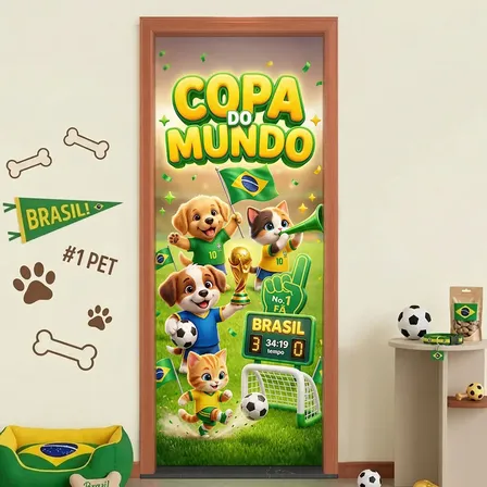 Capa De Porta Copa Futebol Brasil Decoração Pet Shop 0,80x2,10m Veste Fácil Em Tecido Sublimado - Criatema Capa De Porta Pet Copa Do Mundo