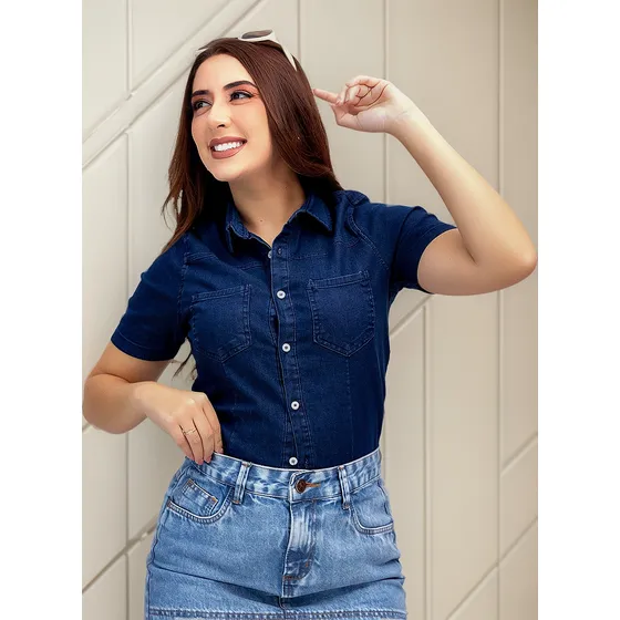 Camisa Jeans Feminina Casual Slim Com Elastano Bamborra