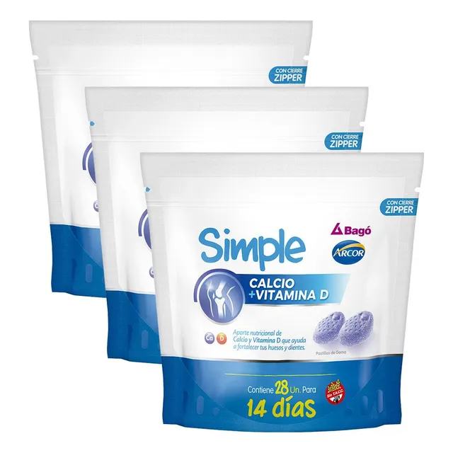 Pack Simple Calcio + Vitamina D Huesos Bago 84 Pastillas Sabor Frutos Rojos