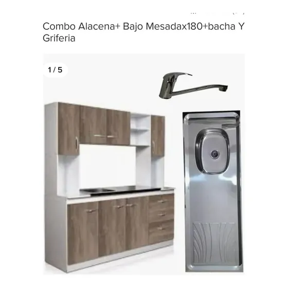 Combo Alacena + Bajo Mesada 180 Cm + Baja + Grifería