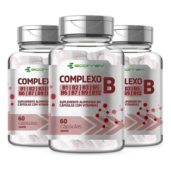 3x Complexo B B1 B2 B3 B5 B6 B7 B9 B12 Puro 500mg 180cáps  