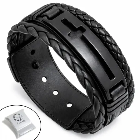 Pulseira Couro Preto Jesus Cruz Deus Religioso  Fé Ajustável