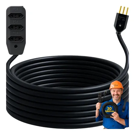 Extensão 30metros Cabo Pp Reforçada Obra Profissional 10/20a Cor Preto Lef 127/220v