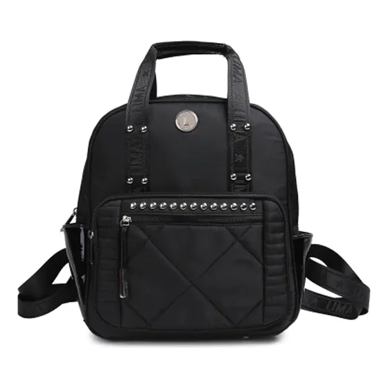 Mochila Urbana Mujer Lima Negra Tachas Bolsillos Dama Color Negro