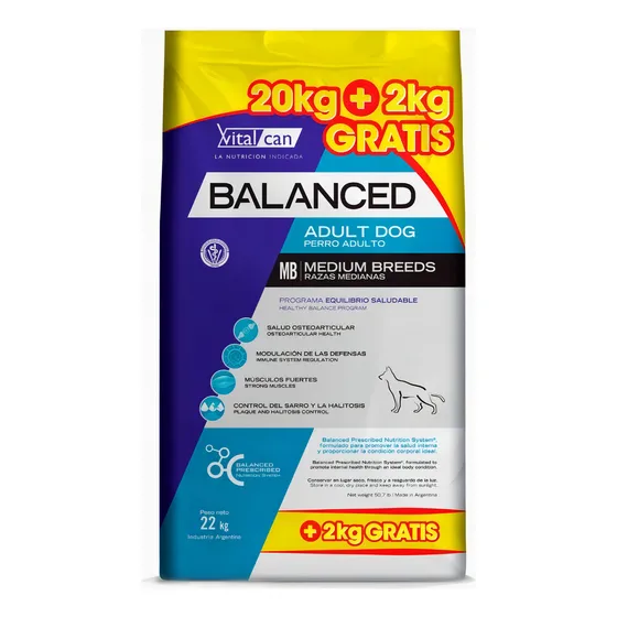 Alimento Balanced Para Perro Adulto Raza Mediana 20+2 Kg