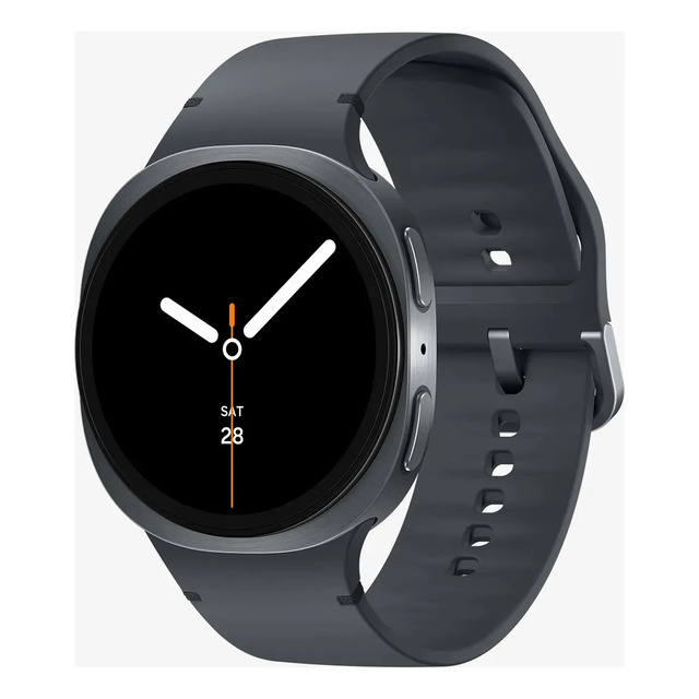 Smartwatch Samsung Galaxy Watch 8 de 40mm com caixa cinza-escuro e pulseira milanês na mesma tonalidade, exibindo mostrador digital com ponteiros no pulso.