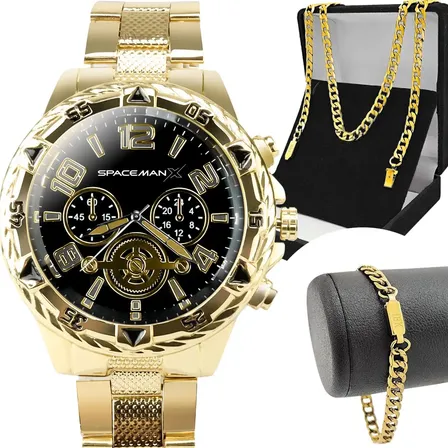 Kit Relógio Masculino Orizom Dourado Spaceman X Com Cordão E Pulseira Preto