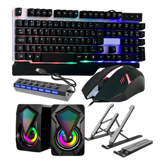 Kit Para Notebook Teclado E Mouse Led Gamer Hub Usb Suporte