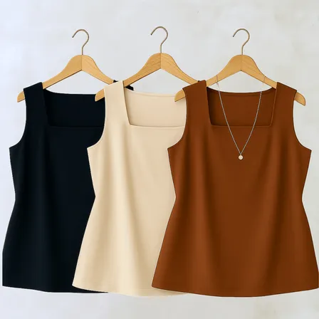 Kit 3 Blusas Regata Plus Size Gola Quadrada Casual Verão