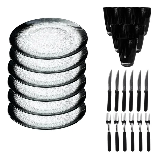 Juego De Vajilla Negro Platos Playos Vasos X6 Cubiertos X12