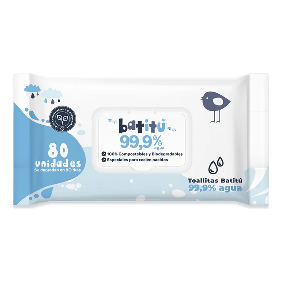 80 Uds - Toallita Húmeda 99.9% Agua Biodegradables - Batitú