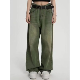 Verde - Vaqueros Vintage De Mezclilla Lavada, Unisex, Holgad Verde - Vaqueros Vintage De Mezclilla Lavada, Unisex, Holgad