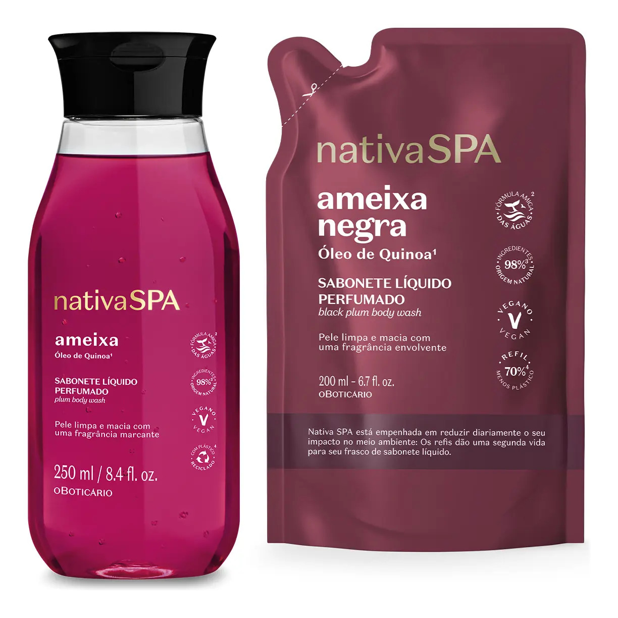 Combo de sabonete líquido Nativa SPA Ameixa contendo um frasco de 250ml e um refil de 200ml, ambos com embalagens na cor roxa.