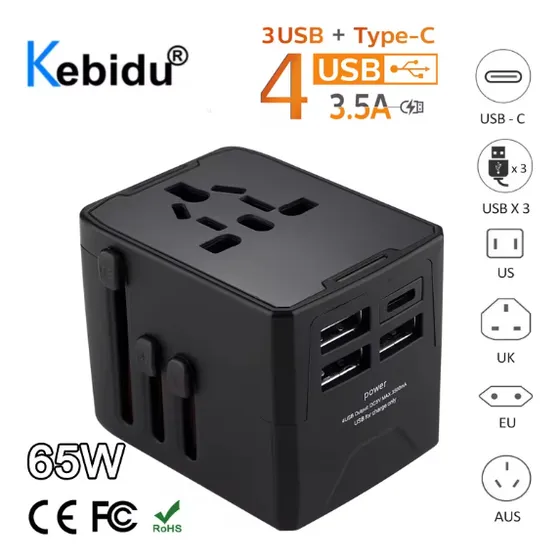 Adaptador De Viaje Universal 3 Puertos Usb Y 1 Tipo C