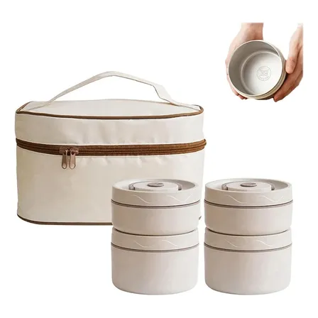 Kit De 4 Pecas Inox Marmita Térmica Com Bolsa  600ml Bege