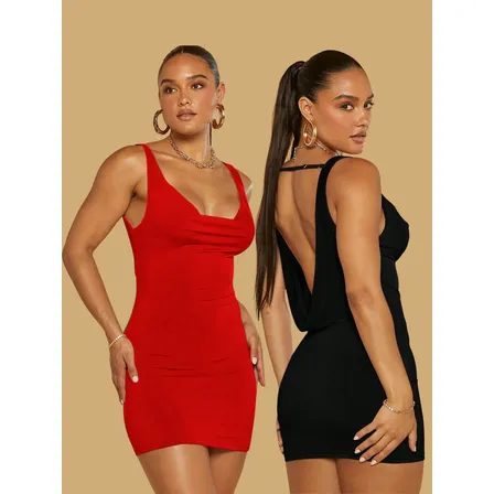 Kit 2 Vestido Tubinho Feminino Festas Decote Drapeado Costas Preto / Vermelho Lisa P