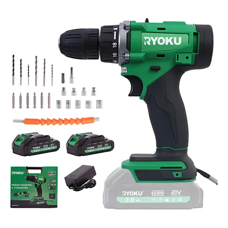 Furadeira Parafusadeira Elétrica 21v 2 Baterias Ryoku Verde 127/220v