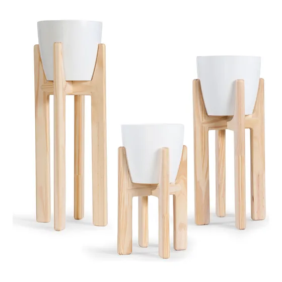 Pie Porta Maceta Nordico Madera Kit 3 Unidades Con Macetas